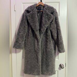 Forever 21 Long Grey Double breasted Faux Fur Coat